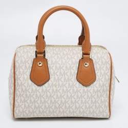 Pre Owned Michael Kors White /Brown Signature Coated Canvas And Leather Aria Satchel