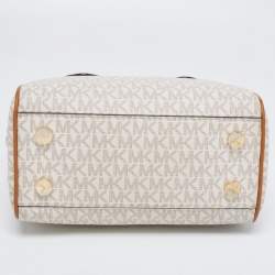Pre Owned Michael Kors White /Brown Signature Coated Canvas And Leather Aria Satchel