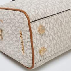Pre Owned Michael Kors White /Brown Signature Coated Canvas And Leather Aria Satchel