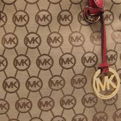 Pre Owned Micheal Kors Beige/Red Signature Canvas and Leather Jet Set Tote
