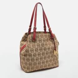 Pre Owned Micheal Kors Beige/Red Signature Canvas and Leather Jet Set Tote