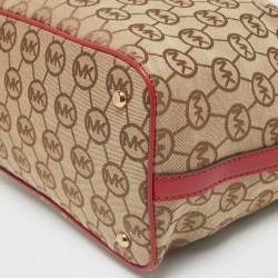 Pre Owned Micheal Kors Beige/Red Signature Canvas and Leather Jet Set Tote