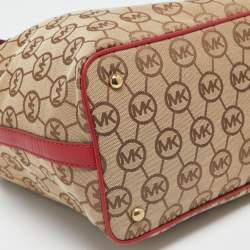 Pre Owned Micheal Kors Beige/Red Signature Canvas and Leather Jet Set Tote