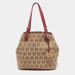 Pre Owned Micheal Kors Beige/Red Signature Canvas and Leather Jet Set Tote