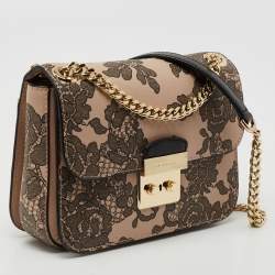 Pre Owned Michael Kors Black/Peach Printed Leather Medium Sloan Shoulder Bag