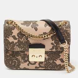 Pre Owned Michael Kors Black/Peach Printed Leather Medium Sloan Shoulder Bag