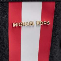 Pre Owned Michael Kors Black Logo Stripe Signature Coated Canvas and Leather Large Eva Tote