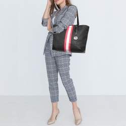 Pre Owned Michael Kors Black Logo Stripe Signature Coated Canvas and Leather Large Eva Tote