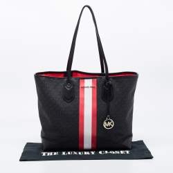 Pre Owned Michael Kors Black Logo Stripe Signature Coated Canvas and Leather Large Eva Tote
