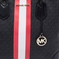 Pre Owned Michael Kors Black Logo Stripe Signature Coated Canvas and Leather Large Eva Tote