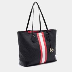 Pre Owned Michael Kors Black Logo Stripe Signature Coated Canvas and Leather Large Eva Tote