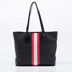 Pre Owned Michael Kors Black Logo Stripe Signature Coated Canvas and Leather Large Eva Tote