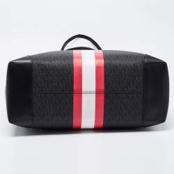 Pre Owned Michael Kors Black Logo Stripe Signature Coated Canvas and Leather Large Eva Tote