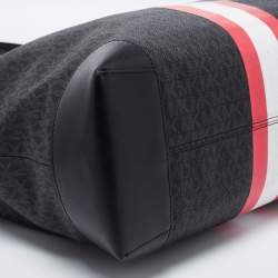 Pre Owned Michael Kors Black Logo Stripe Signature Coated Canvas and Leather Large Eva Tote