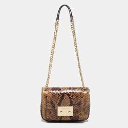 Pre Owned Michael Kors Beige/Brown Python Embossed Leather Small Sloan Flap Shoulder Bag