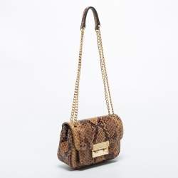 Pre Owned Michael Kors Beige/Brown Python Embossed Leather Small Sloan Flap Shoulder Bag