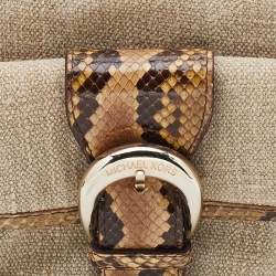 Pre Owned Michael Kors Beige/Black Canvas and Snakeskin Trim Jet Setter Shoulder Bag