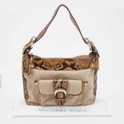 Pre Owned Michael Kors Beige/Black Canvas and Snakeskin Trim Jet Setter Shoulder Bag