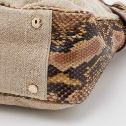 Pre Owned Michael Kors Beige/Black Canvas and Snakeskin Trim Jet Setter Shoulder Bag