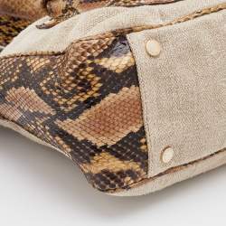 Pre Owned Michael Kors Beige/Black Canvas and Snakeskin Trim Jet Setter Shoulder Bag