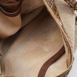 Pre Owned Michael Kors Beige/Black Canvas and Snakeskin Trim Jet Setter Shoulder Bag