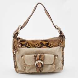 Pre Owned Michael Kors Beige/Black Canvas and Snakeskin Trim Jet Setter Shoulder Bag