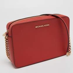 Pre Owned Michael Kors Coral Orange Saffiano Leather Jet Set Camera Crossbody Bag
