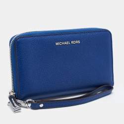 Pre Owned Michael Kors Blue Leather Jet Set Zip Around Wristlet Wallet