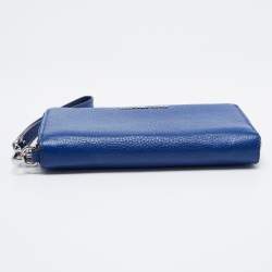 Pre Owned Michael Kors Blue Leather Jet Set Zip Around Wristlet Wallet