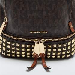 Pre Owned Michael Kors Dark Brown Signature Coated Canvas and Leather Rhea Backpack
