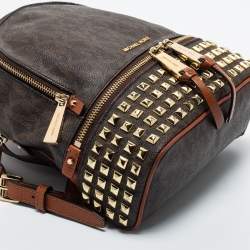 Pre Owned Michael Kors Dark Brown Signature Coated Canvas and Leather Rhea Backpack
