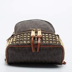 Pre Owned Michael Kors Dark Brown Signature Coated Canvas and Leather Rhea Backpack