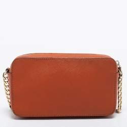 Pre Owned Micheal Kors Rust Brown Leather Zip Jet Set Crossbody Bag