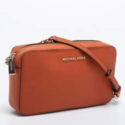 Pre Owned Micheal Kors Rust Brown Leather Zip Jet Set Crossbody Bag