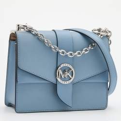 Pre Owned Michael Kors Light Blue Leather Small Greenwich Shoulder Bag