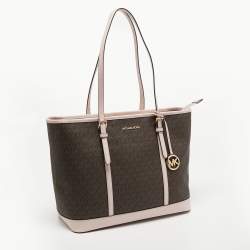 Pre Owned Michael Kors Light Pink Monogram Coated Canvas Large Jet Set Tote