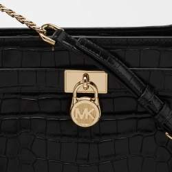 Pre Owned Michael Kors Black Croc Embossed Leather Hamilton Messenger Bag