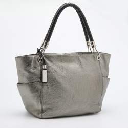 Pre Owned Michael Kors Metallic Silver/Black Leather Skorpio Tote