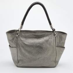 Pre Owned Michael Kors Metallic Silver/Black Leather Skorpio Tote