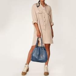 Pre Owned Michael Kors Blue Leather Perforated Logo Tote