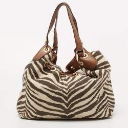 Pre Owned Michael Kors Brown/Beige Zebra Print Canvas and Leather Marina Shoulder Bag