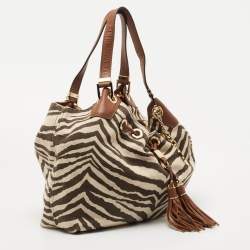 Pre Owned Michael Kors Brown/Beige Zebra Print Canvas and Leather Marina Shoulder Bag
