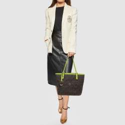 Pre Owned Michael Kors Brown/Green Signature Coated Canvas and Leather Medium Snap Pocket Tote