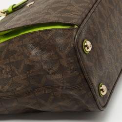 Pre Owned Michael Kors Brown/Green Signature Coated Canvas and Leather Medium Snap Pocket Tote