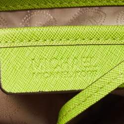 Pre Owned Michael Kors Brown/Green Signature Coated Canvas and Leather Medium Snap Pocket Tote