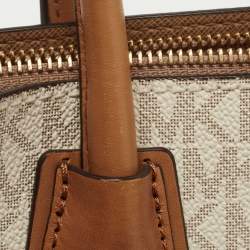 Pre Owned Michael Kors Brown/Ivory Signature Coated Canvas and Leather Large Mercer Tote