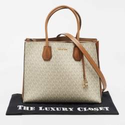 Pre Owned Michael Kors Brown/Ivory Signature Coated Canvas and Leather Large Mercer Tote