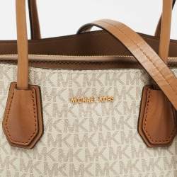 Pre Owned Michael Kors Brown/Ivory Signature Coated Canvas and Leather Large Mercer Tote