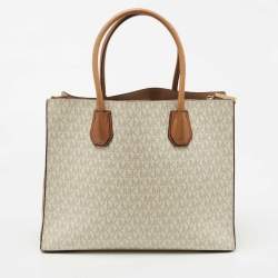 Pre Owned Michael Kors Brown/Ivory Signature Coated Canvas and Leather Large Mercer Tote
