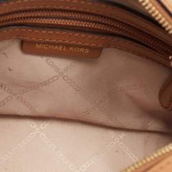 Pre Owned Michael Kors Brown/Tan Signature Coated Canvas and Leather Jet Set Crossbody Bag